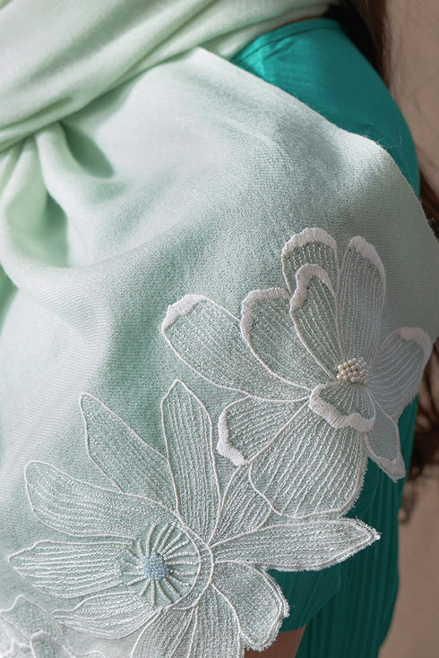 Magnolia Bloom Embroidered Wool Silk Stole